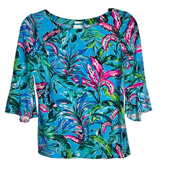 Lilly Pulitzer Fontaine Top | Porto Blue In the Trees | Bell Sleeve | Size XS - Picture 1 of 10